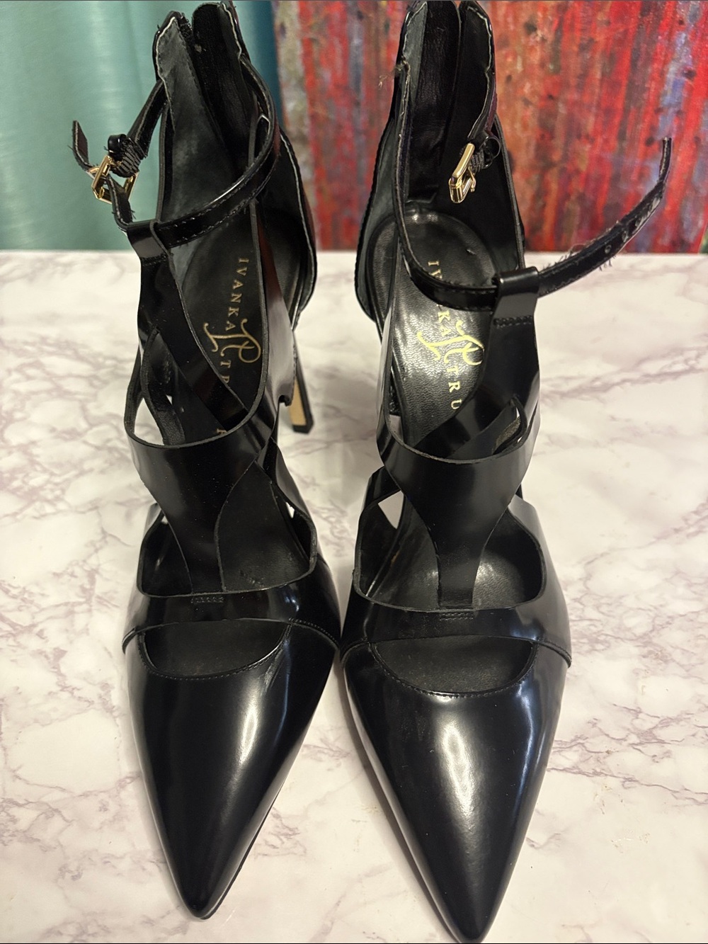 Ivanka Trump Black Leather Pointed-Toe Strappy Heels